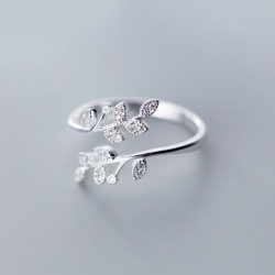 sterling silver crystal leaf ring