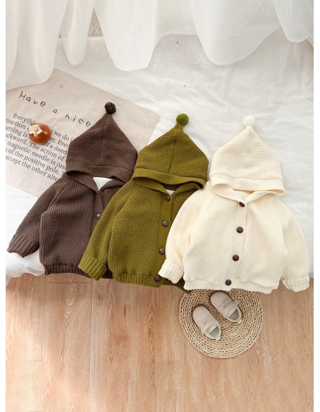 Children's knitted jacket autumn and winter with solid color new baby boy winter jacket girls hooded sweater cardigan