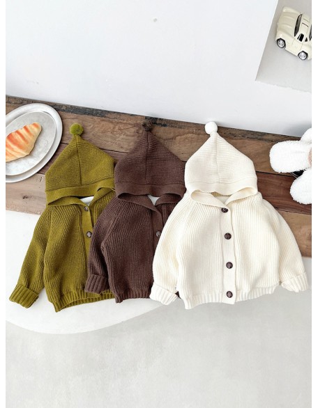 Children's knitted jacket autumn and winter with solid color new baby boy winter jacket girls hooded sweater cardigan