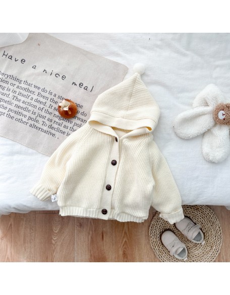 Children's knitted jacket autumn and winter with solid color new baby boy winter jacket girls hooded sweater cardigan