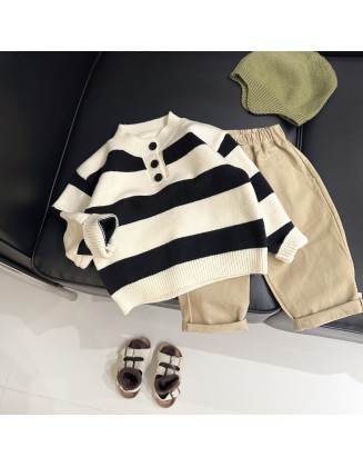 Baby round neck pullover sweater striped color matching sweater bottoming shirt long sleeve clothes for boys and girls