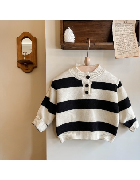 Baby round neck pullover sweater striped color matching sweater bottoming shirt long sleeve clothes for boys and girls