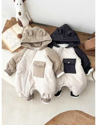 Baby jumpsuit winter hooded plus velvet warm cotton padded cartoon clothes for boys and babies to climb clothes