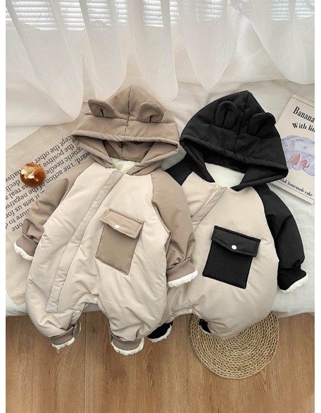 Baby jumpsuit winter hooded plus velvet warm cotton padded cartoon clothes for boys and babies to climb clothes