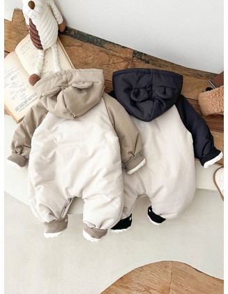 Baby jumpsuit winter hooded plus velvet warm cotton padded cartoon clothes for boys and babies to climb clothes