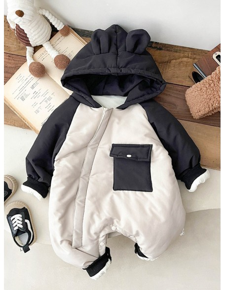 Baby jumpsuit winter hooded plus velvet warm cotton padded cartoon clothes for boys and babies to climb clothes